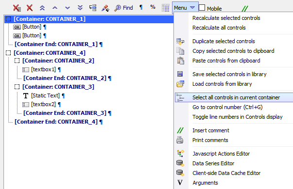 Highlighting a container in the controls tree and using 'Select all controls in current container'.
